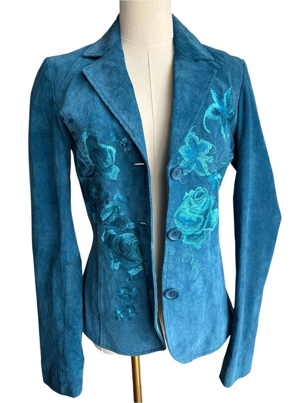 Le Chateau Floral Embroidered Suede Blazer Teal Blue Fitted Y2K Boho XS Jacket